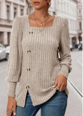 Beige tops,Plain Color tops,ROTITA Button Beige Square Neck Long Sleeve T Shirt