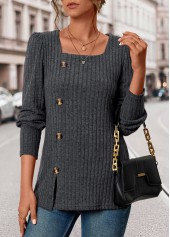 Rotita Button dunkelgraues Langarm-T-Shirt mit eckigem Ausschnitt