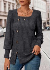 Dark Grey tops,Plain Color tops,ROTITA Button Dark Grey Square Neck Long Sleeve T Shirt