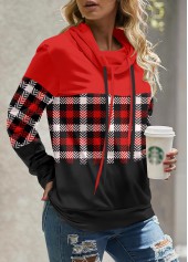 Red tops,Plaid tops,Geometric tops,Striped tops,ROTITA Patchwork Plaid Red Cowl Neck Long Sleeve Sweatshirt