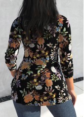 Black tops,Floral tops,Plants tops,ROTITA Velvet Floral Print Black V Neck T Shirt