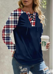 Navy plus size,Plaid plus size,Striped plus size,ROTITA Plus Size Patchwork Navy Plaid Round Neck Sweatshirt