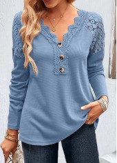 Rotita Plus Size Spitzen-T-Shirt in Staubblau mit V-Ausschnitt