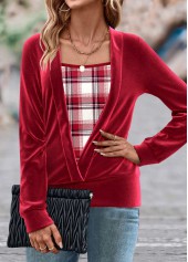 Red tops,Plaid tops,Striped tops,ROTITA Fake 2in1 Plaid Red Square Neck Long Sleeve Sweatshirt
