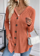 Orange tops,Plain Color tops,ROTITA Button Orange Hooded Long Sleeve Coat
