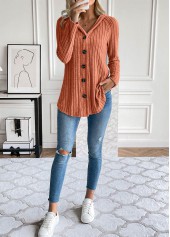 Orange tops,Plain Color tops,ROTITA Button Orange Hooded Long Sleeve Coat