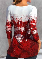 Wine Red tops,White tops,Christmas tops,Dot tops,ROTITA Button Snowflake Print Wine Red Heart Collar T Shirt