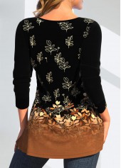 Dark Camel tops,Black tops,Plants tops,Ombre tops,ROTITA Button Random Floral Print Dark Camel T Shirt