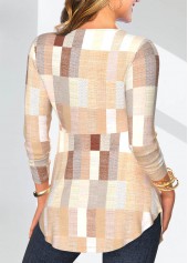 Skin Color tops,Geometric tops,Striped tops,Plaid tops,ROTITA Patchwork Geometric Print Skin Color Fake Two Piece Twinset