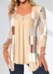 Skin Color tops,Geometric tops,Striped tops,Plaid tops,ROTITA Patchwork Geometric Print Skin Color Fake Two Piece Twinset