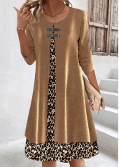 Light Coffee dresses,Leopard dresses,Everyday dresses,Casual dresses,ROTITA Fake 2in1 Leopard Light Coffee A Line Dress