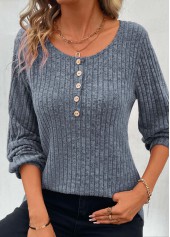Dusty Blue tops,Plain Color tops,Button Dusty Blue Round Neck Long Sleeve T Shirt