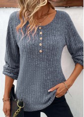 Dusty Blue tops,Plain Color tops,Button Dusty Blue Round Neck Long Sleeve T Shirt