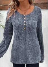 Dusty Blue tops,Plain Color tops,Button Dusty Blue Round Neck Long Sleeve T Shirt