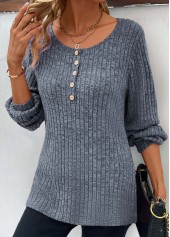 Dusty Blue tops,Plain Color tops,Button Dusty Blue Round Neck Long Sleeve T Shirt