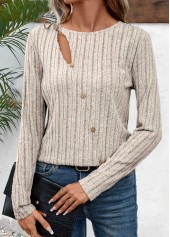 Light Camel tops,Plain Color tops,ROTITA Cut Out Light Camel Round Neck T Shirt