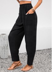 Black bottoms,Plain Color bottoms,ROTITA Pocket Black Elastic Waist High Waisted Pants