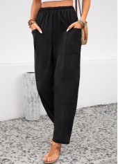 Black bottoms,Plain Color bottoms,ROTITA Pocket Black Elastic Waist High Waisted Pants