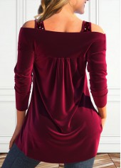 Wine Red tops,Plain Color tops,ROTITA Sequin Wine Red V Neck Long Sleeve T Shirt