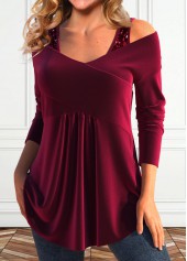 Wine Red tops,Plain Color tops,ROTITA Sequin Wine Red V Neck Long Sleeve T Shirt