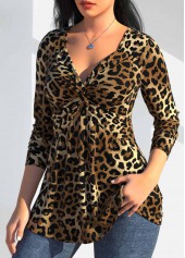 Dark Camel tops,Leopard tops,Animal Print tops,ROTITA Twist Leopard Dark Camel Heart Collar T Shirt