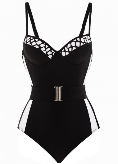 Black swimwear,Contrast Color swimwear,ROTITA Spaghetti Strap Contrast Belted One Piece Swimwear