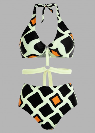 Multi Color swimwear,Geometric swimwear,ROTITA High Waisted Geometric Print Halter Bikini Set