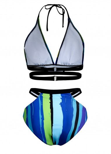 Cyan swimwear,Rainbow Color swimwear,Striped swimwear,ROTITA Mid Waist Striped Halter Bikini Set