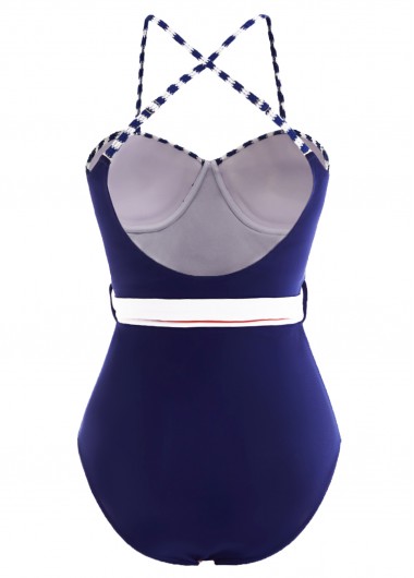 Striped swimwear,ROTITA Decorative Belt Striped Navy Blue One Piece Swimwear