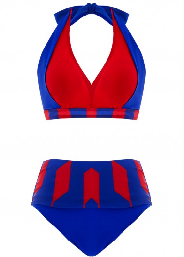 Royal Blue swimwear,Geometric swimwear,ROTITA Royal Blue Geometric Print High Waisted Bikini Set