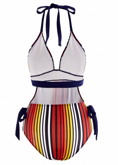 Multi Color swimwear,Rainbow Color swimwear,Striped swimwear,ROTITA Bowknot Side Striped Halter One Piece Swimwear