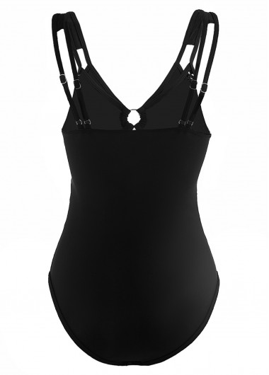 Black swimwear,Plain Color swimwear,ROTITA Black Metal Ring Detail Lace Patchwork One Piece Swimwear