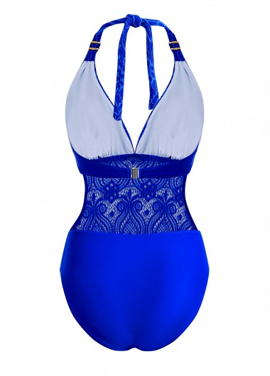 Royal Blue swimwear,Plain Color swimwear,ROTITA Sheer Halter Lace Royal Blue One Piece Swimwear