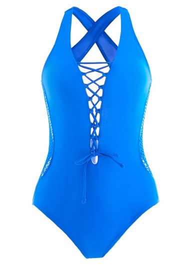 Royal Blue swimwear,Plain Color swimwear,ROTITA Royal Blue Mesh One Piece Swimwear