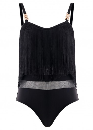 Black swimwear,Plain Color swimwear,ROTITA Mesh Tassel Black One Piece Swimwear
