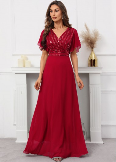 Red dresses,Plain Color dresses,Party dresses,Elegant dresses,ROTITA Sequin Red V Neck Short Sleeve Dress