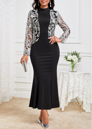 ROTITA Lace Black Round Neck Long Sleeve Dress Rotita USD 44.98