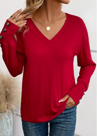 Wine Red tops,Plain Color tops,Button Wine Red V Neck Long Sleeve T Shirt