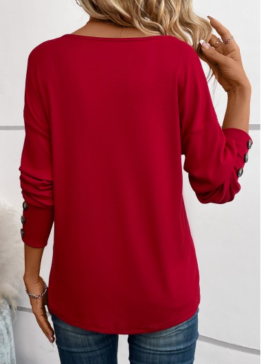 Wine Red tops,Plain Color tops,Button Wine Red V Neck Long Sleeve T Shirt