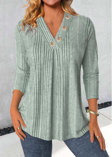 Sage Green tops,Plain Color tops,ROTITA Button Sage Green V Neck Long Sleeve T Shirt