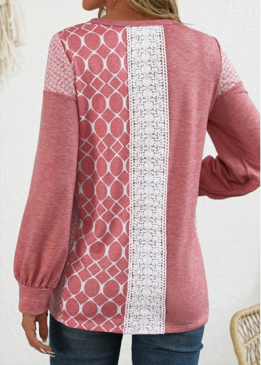 Pink tops,Geometric tops,Striped tops,ROTITA Patchwork Geometric Print Pink Round Neck Long Sleeve Sweatshirt