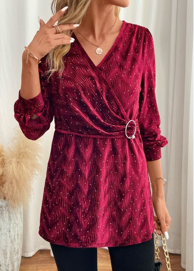 Wine Red tops,Plain Color tops,ROTITA Velvet Wine Red V Neck Long Sleeve Blouse