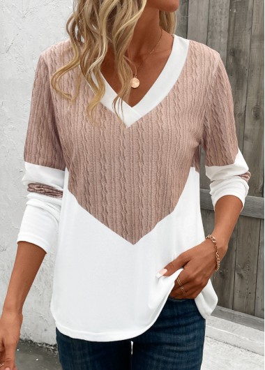 Light Camel tops,White tops,Contrast Color tops,Patchwork Geometric Print Light Camel V Neck T Shirt