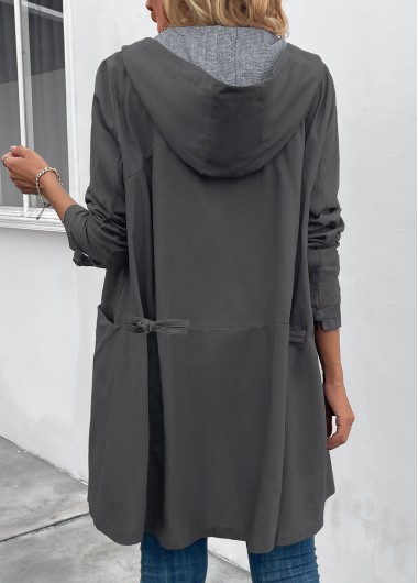 Dark Grey tops,Plain Color tops,ROTITA Pocket Dark Grey Hooded Long Sleeve Coat