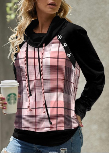 Pink tops,Black tops,Plaid tops,Striped tops,ROTITA Patchwork Plaid Pink Cowl Neck Long Sleeve Sweatshirt