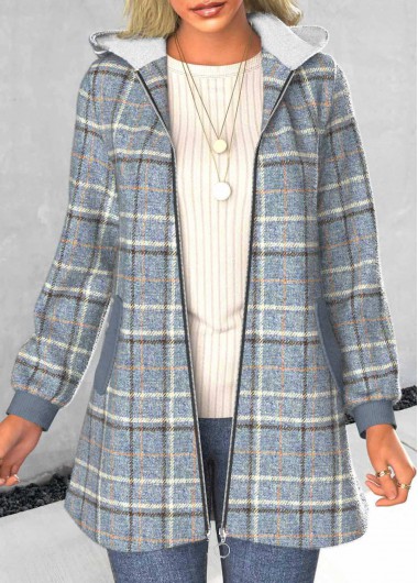 Dusty Blue tops,Plaid tops,Striped tops,ROTITA Zipper Plaid Dusty Blue Hooded Long Sleeve Coat