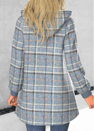Dusty Blue tops,Plaid tops,Striped tops,ROTITA Zipper Plaid Dusty Blue Hooded Long Sleeve Coat