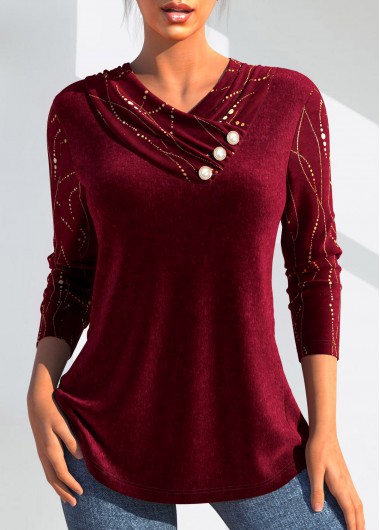 Wine Red tops,Plain Color tops,ROTITA Velvet Wine Red V Neck Long Sleeve T Shirt
