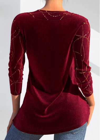 Wine Red tops,Plain Color tops,ROTITA Velvet Wine Red V Neck Long Sleeve T Shirt