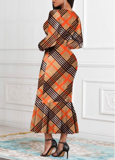 Dark Coffee dresses,Dark Camel dresses,Orange dresses,Plaid dresses,Striped dresses,Geometric dresses,Party dresses,Elegant dresses,ROTITA Plaid Dark Coffee Round Neck Mermaid Dress